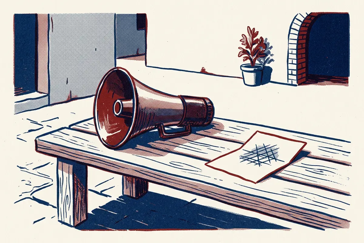 A brass megaphone on a wooden bench beside a folded note in an empty courtyard.