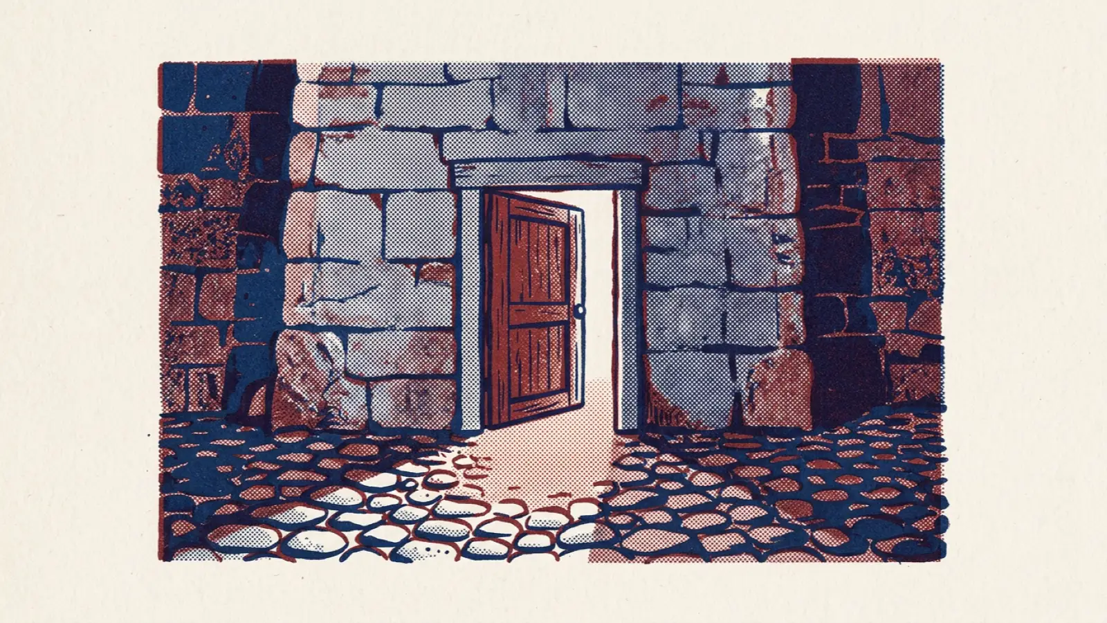 A risograph illustration of a small wooden door ajar in a stone wall, with light spilling onto a cobbled street.