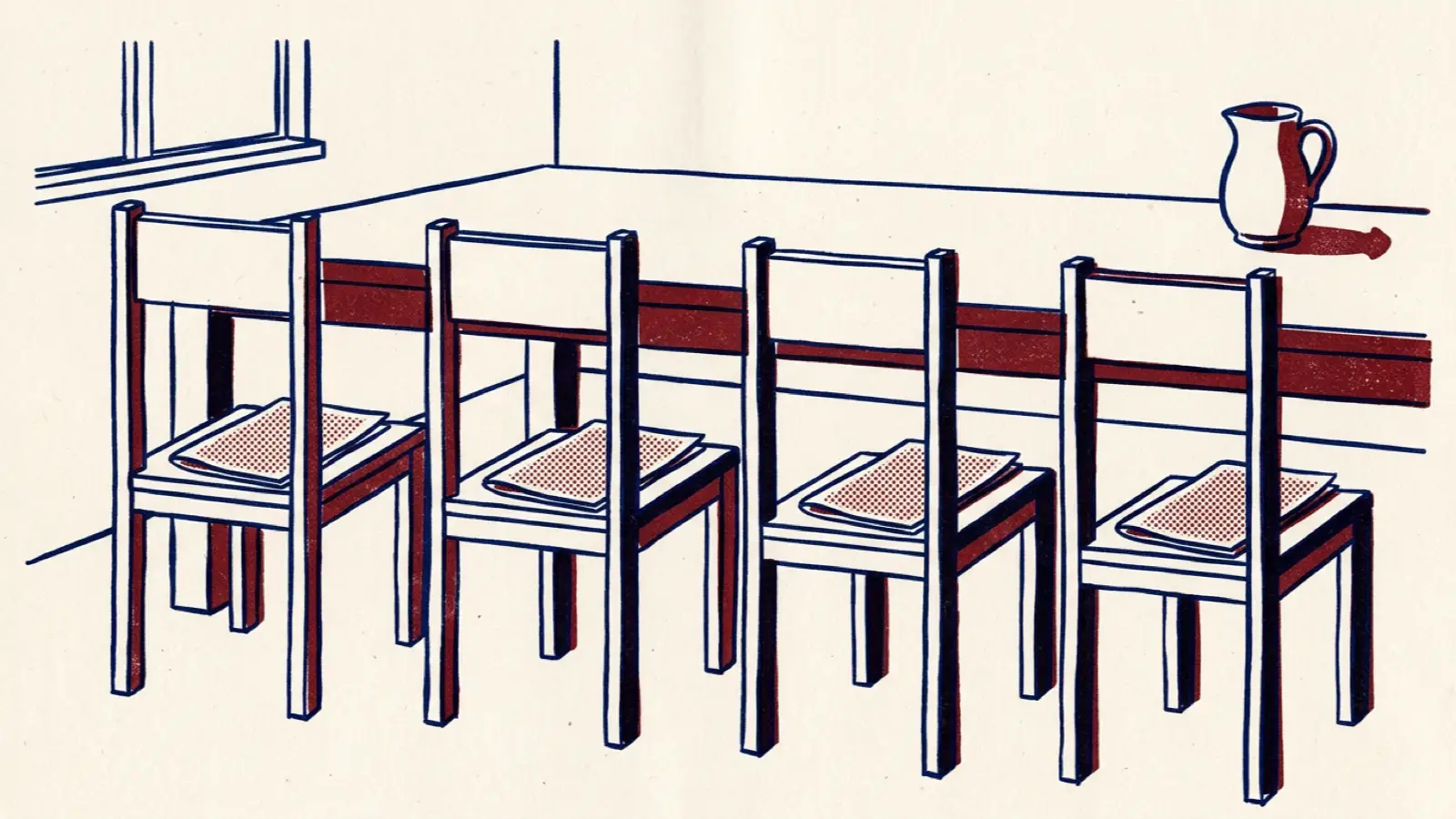 A risograph illustration of identical chairs facing a table, each with the same folded sheet of paper on the seat.