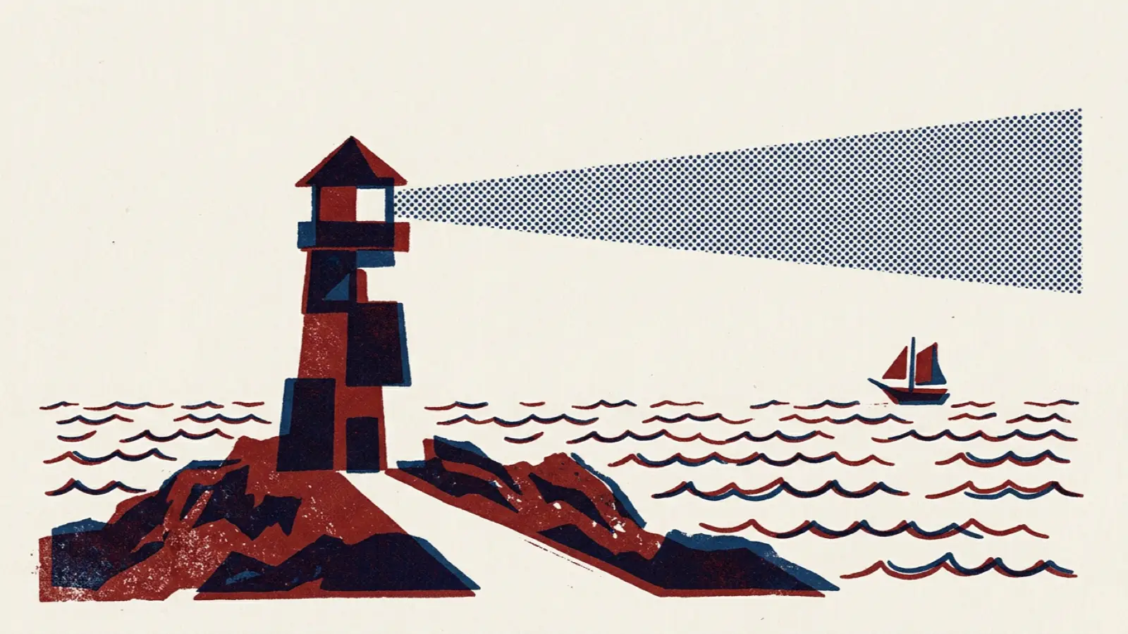 A risograph illustration of a lighthouse on a headland with its beam sweeping across a choppy sea.