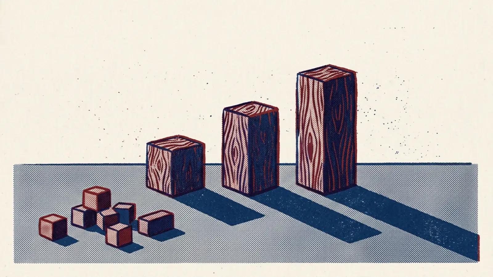 A risograph illustration of three wooden blocks of increasing height casting long shadows.