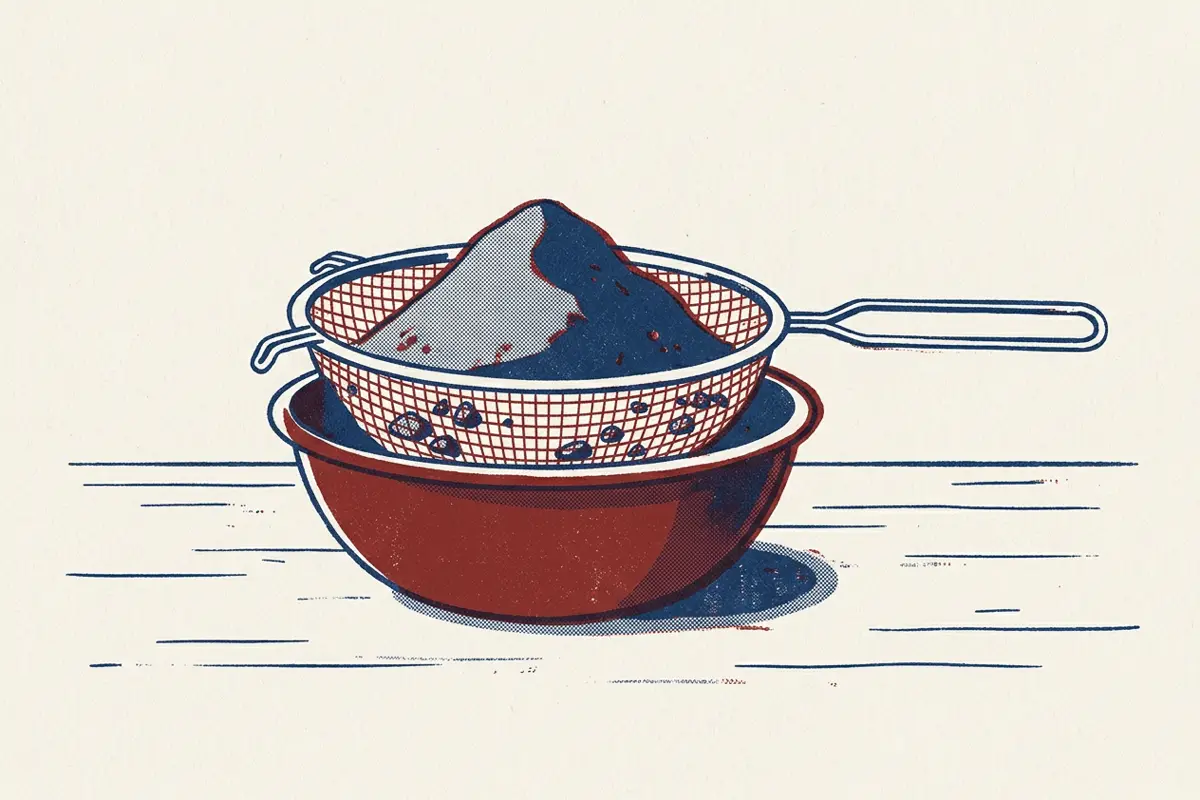 A sieve over a bowl with sand passing through and a few small stones caught in the mesh.