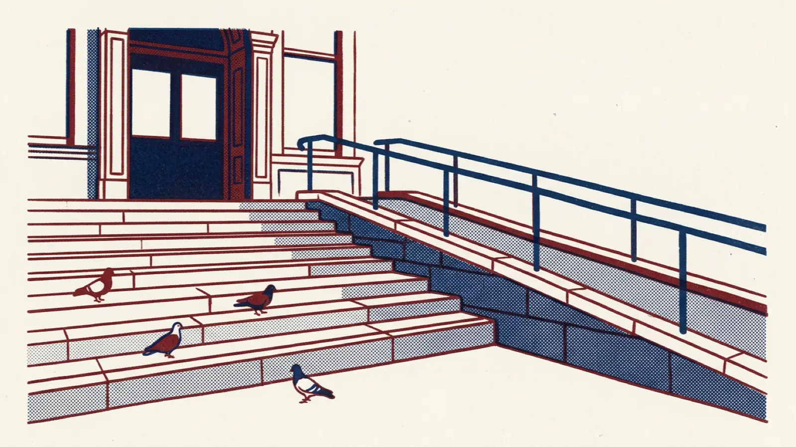 A risograph illustration of a stone staircase to a library entrance with a sloping ramp and handrail alongside.