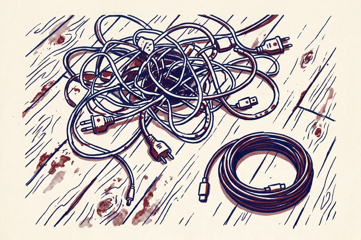 A tangle of old cables on floorboards beside one neatly coiled cable.