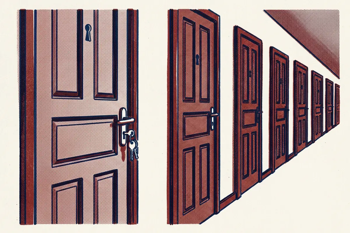 A corridor of identical doors, each with its own keyhole, with a single key hanging from the nearest handle.