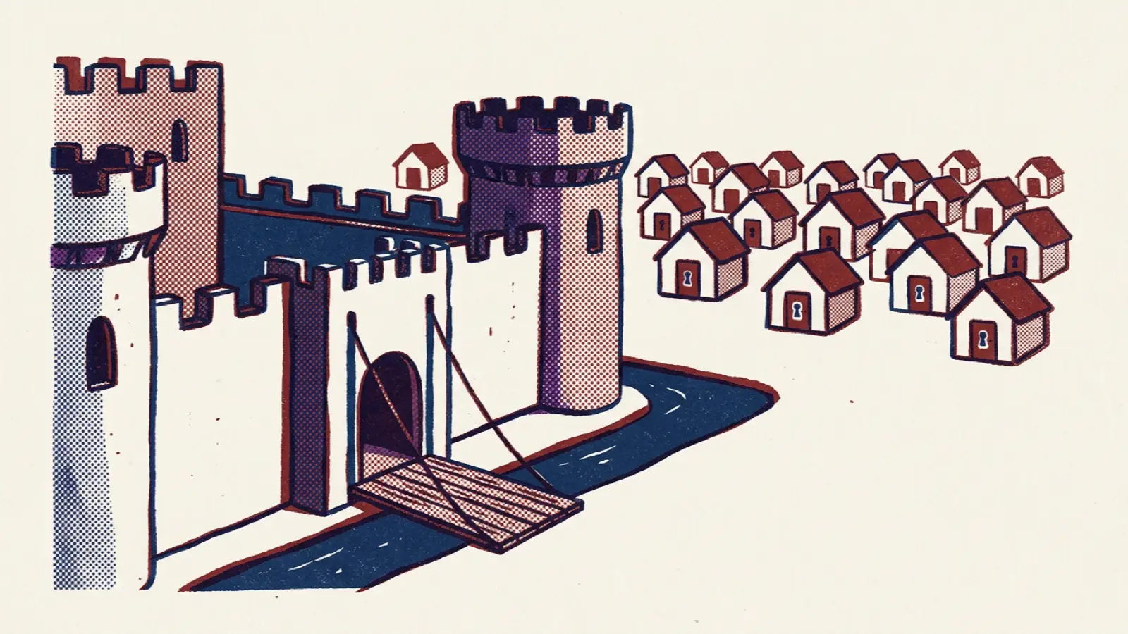 A risograph illustration of a castle wall and moat, with many small houses outside the wall each with its own locked door.